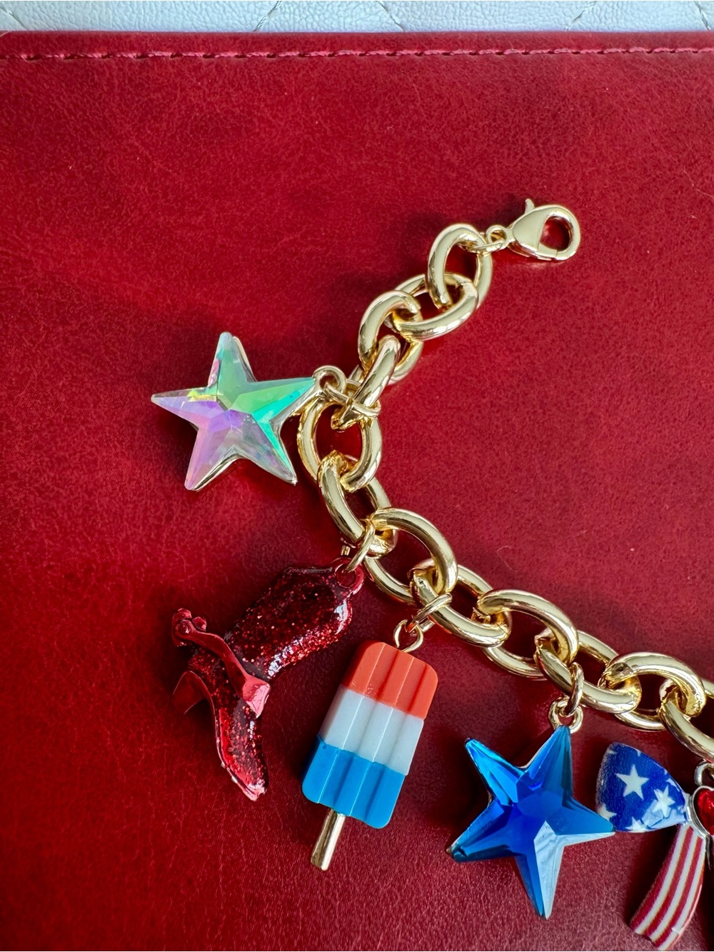 Betsey Johnson Gold Chain Bracelet with Red, Blue & White Patriotic Charms - Picture 4 of 4